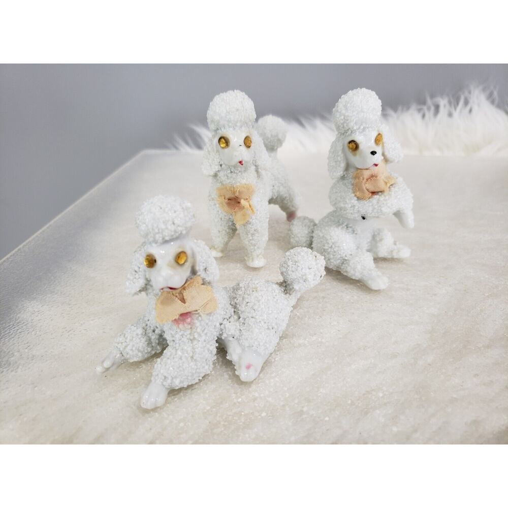 Vintage JAPAN fabric bow SPAGHETTI POODLE‎ JEWEL EYES mcm rare set lot grandma